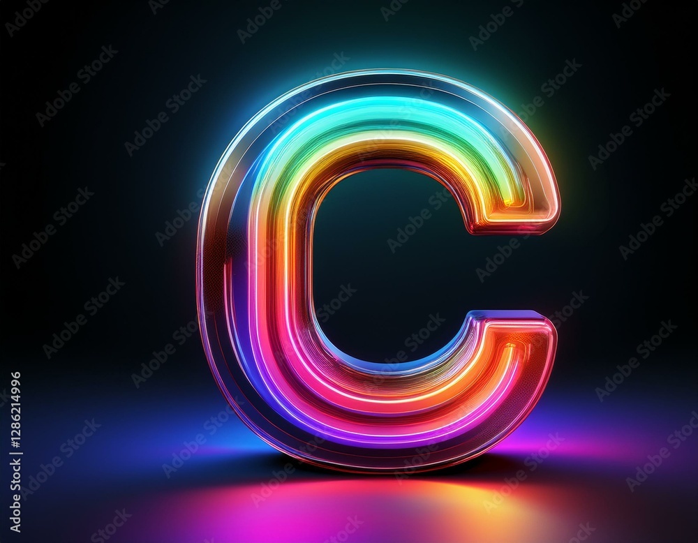 Wall mural glowing neon font letter c in 3d shape with iridescent neon colorful design dark background vibrant 