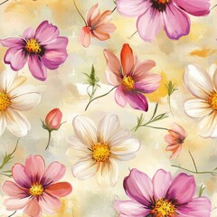 Watercolor Cosmos Flower Seamless Pattern Pink, White, and Orange Blooms on Yellow Gold