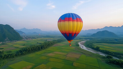 Fototapeta premium colorful hot air balloon soars high above lush green fields and winding rivers, creating stunning aerial view of landscape at sunset