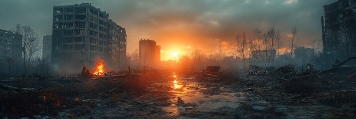 Obraz premium Post-apocalyptic sunset over ruined city, fire burning amidst rubble and debris.
