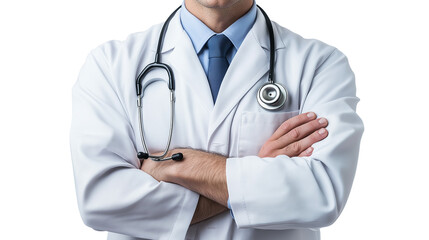 Professional doctor in a white lab coat, stethoscope around the neck, confident and caring expression, isolated on a white background