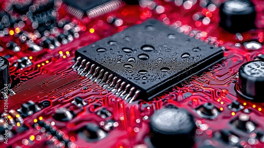 Poster closeup view of a computer processor with detailed circuits and connections