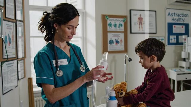 Nurse demonstrates asthma treatment to a young child in a medical clinic during a check-up