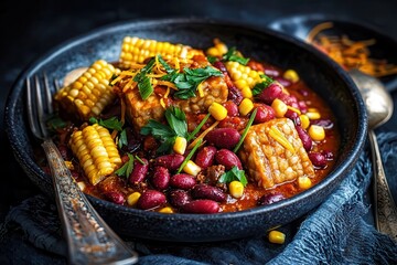 Vegan tempeh dishes offer a nutritious and delicious plant-based option. Vibrant bowl of beans and corn in a rich sauce, garnished with herbs.