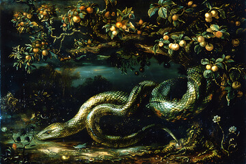 biblical story, the serpent tempted eve to eat the forbidden fruit in the garden of eden