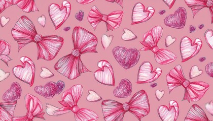 draw seamless pattern pink coquette valentine pencil bows printable fabric digital paper
