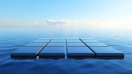 dynamic view of floating solar panels arranged on calm water, reflecting clear blue sky. This innovative energy solution showcases sustainability and technology