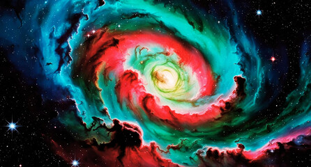 Red and blue watercolor swirls evoke a galactic fractal of light and color
