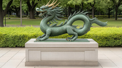 grand dragon sculpture in shades of vibrant green, showcasing intricate details and fierce expression, set against lush garden backdrop