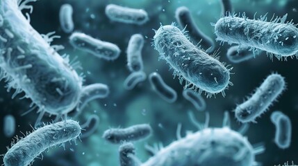 A close-up view of pathogenic bacteria is presented in the image. The pathogenic bacteria display various shapes and structures under the microscope