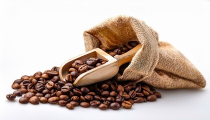 scoop of coffee beans in a bag on white background coffee in scoop isolated top view of coffee