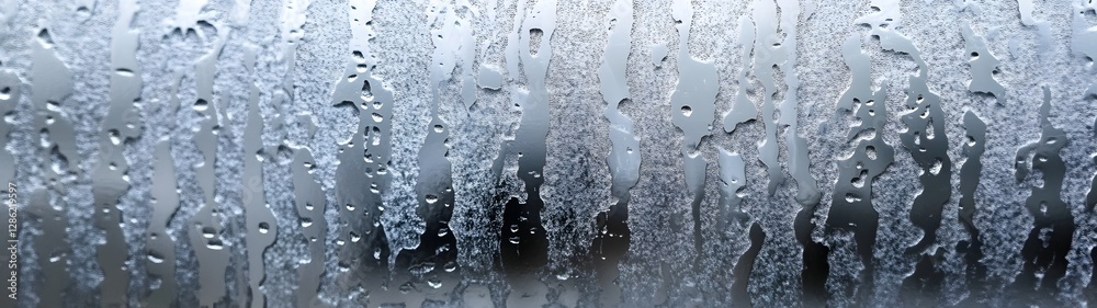 Poster Close up of a wet glass window covered in rain droplets and icy frosted patterns creating an abstract blurred background in a gloomy overcast winter landscape  The cold rainy weather and dark