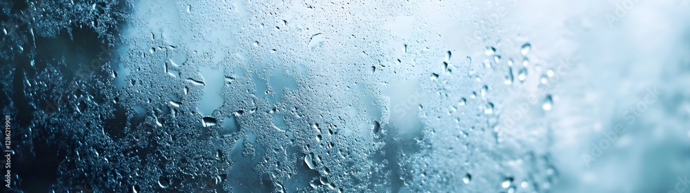 Poster close up view of a rain covered window pane with streaming water droplets and a blurred hazy outdoor