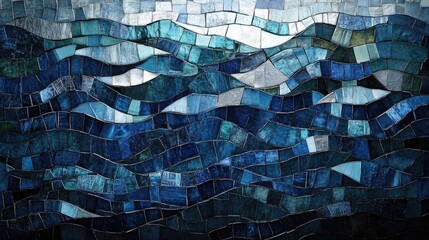 Abstract Blue Mosaic Wave Art Print Ocean Decor