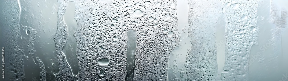 Poster close up view of a rainy window with condensed water droplets and beads of moisture forming a natura