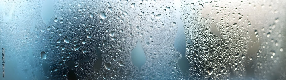 Poster Close up view of a rainy window with transparent water droplets on the glass surface reflecting the outdoor environment  The blurry background creates an abstract textured pattern