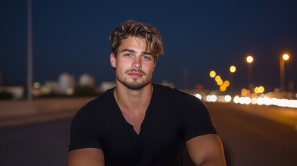 Fototapeta premium young man with tousled hair poses confidently on highway at night, illuminated by city lights in background, creating captivating urban atmosphere