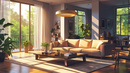 Anime Afternoon sunlight in modern living room
