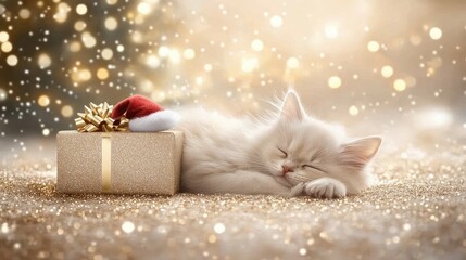 Adorable Kitten Sleeping on Christmas Gift Glitter Background