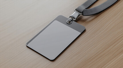 modern rectangular plastic badge with gray strap, resting on wooden surface, ideal for identification purposes. This badge is versatile for various professional settings