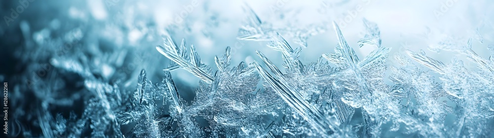 Aufkleber Close up view of the intricate patterns and textures of frost ice crystals and snowflakes formed on a cold winter landscape