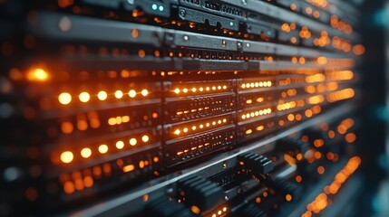 Naklejka premium A detailed closeup of a server rack displaying advanced technology and connectivity features