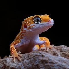 Obraz premium Close-up of a vibrant orange leopard gecko perched on a rock against a black background.