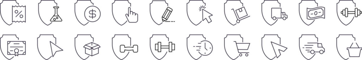 Obraz premium Money, Lab Flaks, Shopping etc by Shield Outline Simple Linear Image Collection. Editable Stroke. Perfect for Web Sites, Books, Cards, Apps