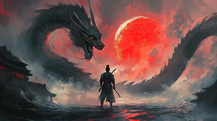 Samurai Facing Giant Black Dragon Red Moon Artwork