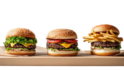 Delicious assortment of gourmet burgers with fresh ingredients and crispy fries on a wooden platter