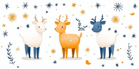 Fototapeta premium Two stylized deer standing in a snowy winter scene with delicate falling snowflakes in a peaceful and enchanting digital vector illustration capturing nature magic and seasonal beauty