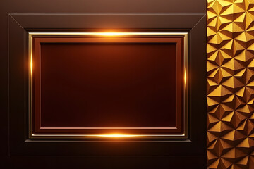 A sleek, modern digital graphic design with a rich, opulent color palette, featuring a mahogany rectangular frame, amber and gold geometric patterns, and a velvet-like background.