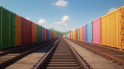 Fototapeta premium vibrant railway platform lined with colorful shipping containers under clear blue sky. scene evokes sense of adventure and exploration