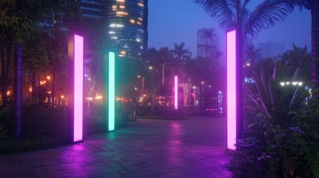 Neon-lit urban parkway at twilight - Powered by Adobe