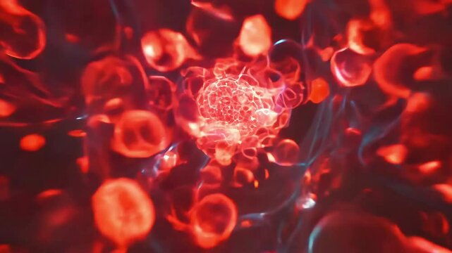 A highly detailed 3D-rendered visualization of red blood cells in motion inside a bloodstream, representing futuristic medical science, circulation, and biotechnology.  
