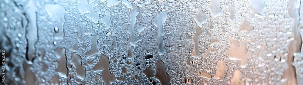Poster closeup of water droplets and condensation on a glass window creating a blurred abstract background 