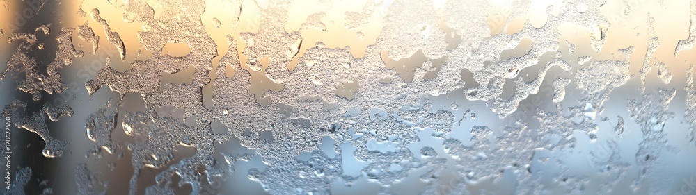 Poster Closeup view of a frozen glass window covered in intricate delicate ice crystal patterns and icy designs with a blurred snowy winter landscape visible in the background