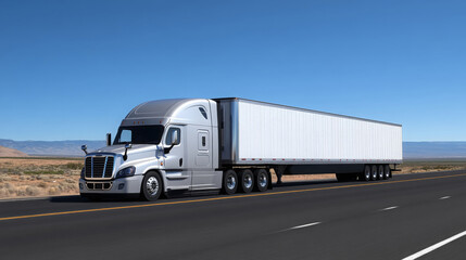 refrigerated truck driving on wide highway under clear blue sky, showcasing its sleek design and functionality. truck is well equipped for transporting goods efficiently