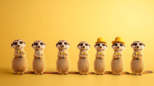 quirky lineup of meerkats dressed in yellow accessories, showcasing their playful nature and charm. These adorable creatures stand in row against bright yellow background