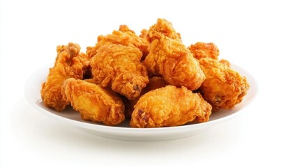 Crispy fried chicken wings on white plate, simple background, food photography