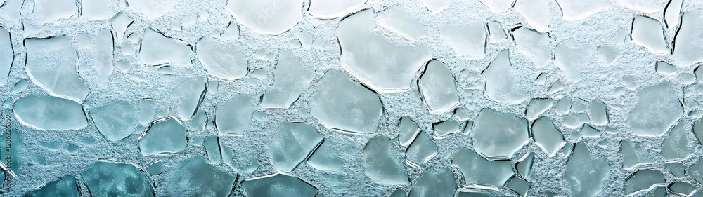 Aufkleber Closeup view of a stunning intricate pattern of frozen crystals and shards forming a minimalist glass like icy texture with a translucent reflective surface