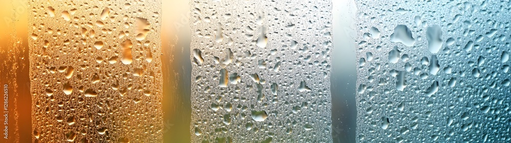 Poster closeup view of a transparent glass surface covered in glistening water droplets reflecting the surr