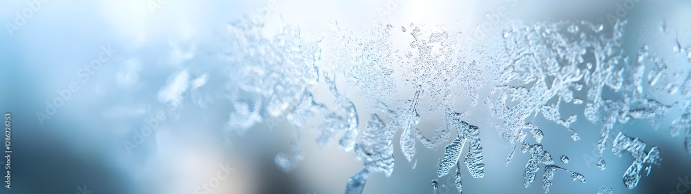 Poster closeup view of delicate intricate frost crystals and icicles glistening and sparkling on a frozen s
