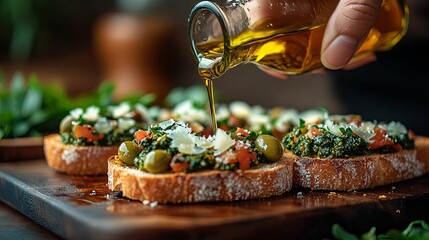 Olive pesto bruschetta drizzled with olive oil
