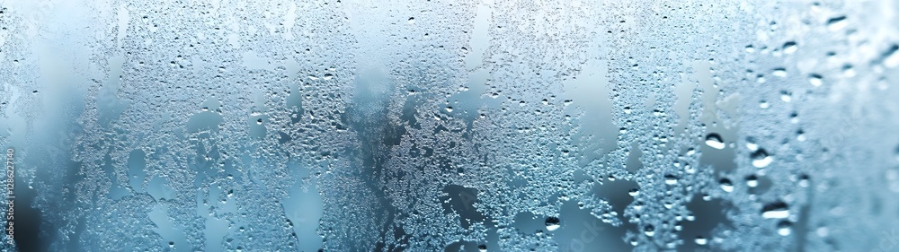 Poster Closeup view of frozen water droplets and condensation covering a glass window creating a abstract and reflective pattern  The blurry landscape outside is visible through the wet and chilly window