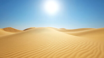 serene desert landscape bathed in bright midday sun, showcasing rolling sand dunes and clear blue sky. tranquil scene evokes sense of peace and vastness