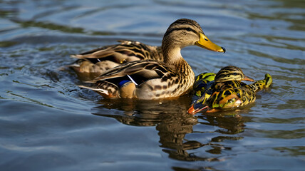 A peaceful trio of ducks swimming in calm water, their reflections shimmering on the surface in a serene moment.