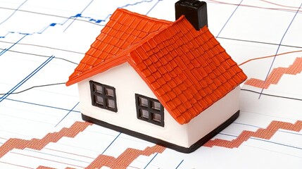 Miniature House on Financial Charts. Possible use Stock photo for articles about real estate investment or economic trends