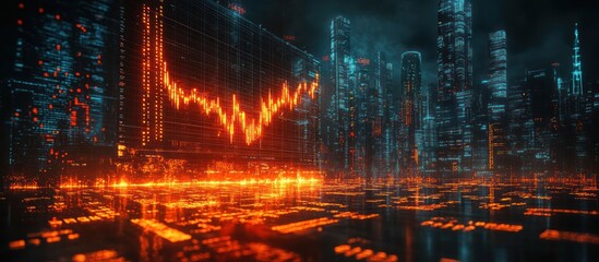 Fototapeta premium Futuristic cityscape with glowing stock market graph overlay.