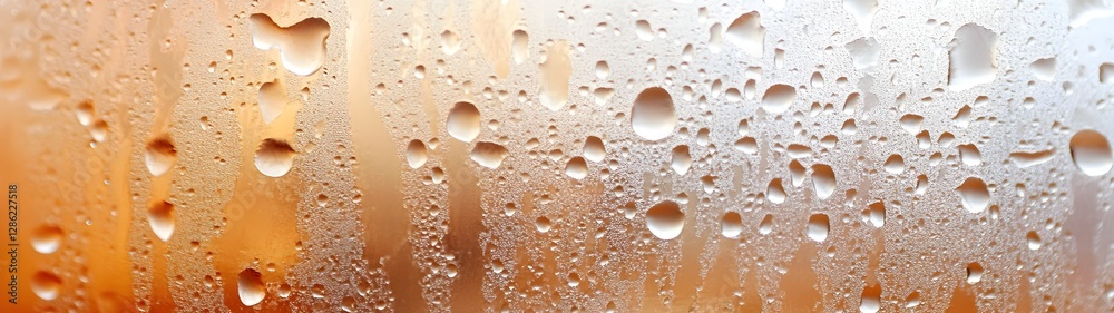 Poster Closeup view of sparkling water droplets covering a transparent glass or plastic surface creating mesmerizing refractive patterns and a sense of wetness and moisture